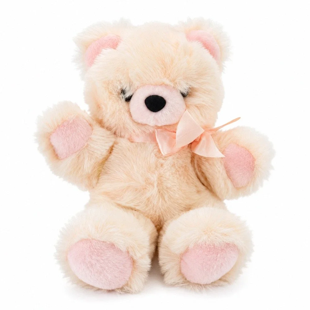 Vintage Royal Plush Toys Peach Teddy Bear Pink Bow Soft Faux Fur 12